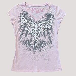 L.O.L. Vintage Light Pink V-Neck Tee with Gray & White Wing Graphic